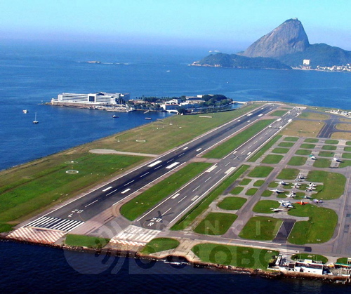 The runway at Santos Dumont airport Rio pointing almost directly at Sugar